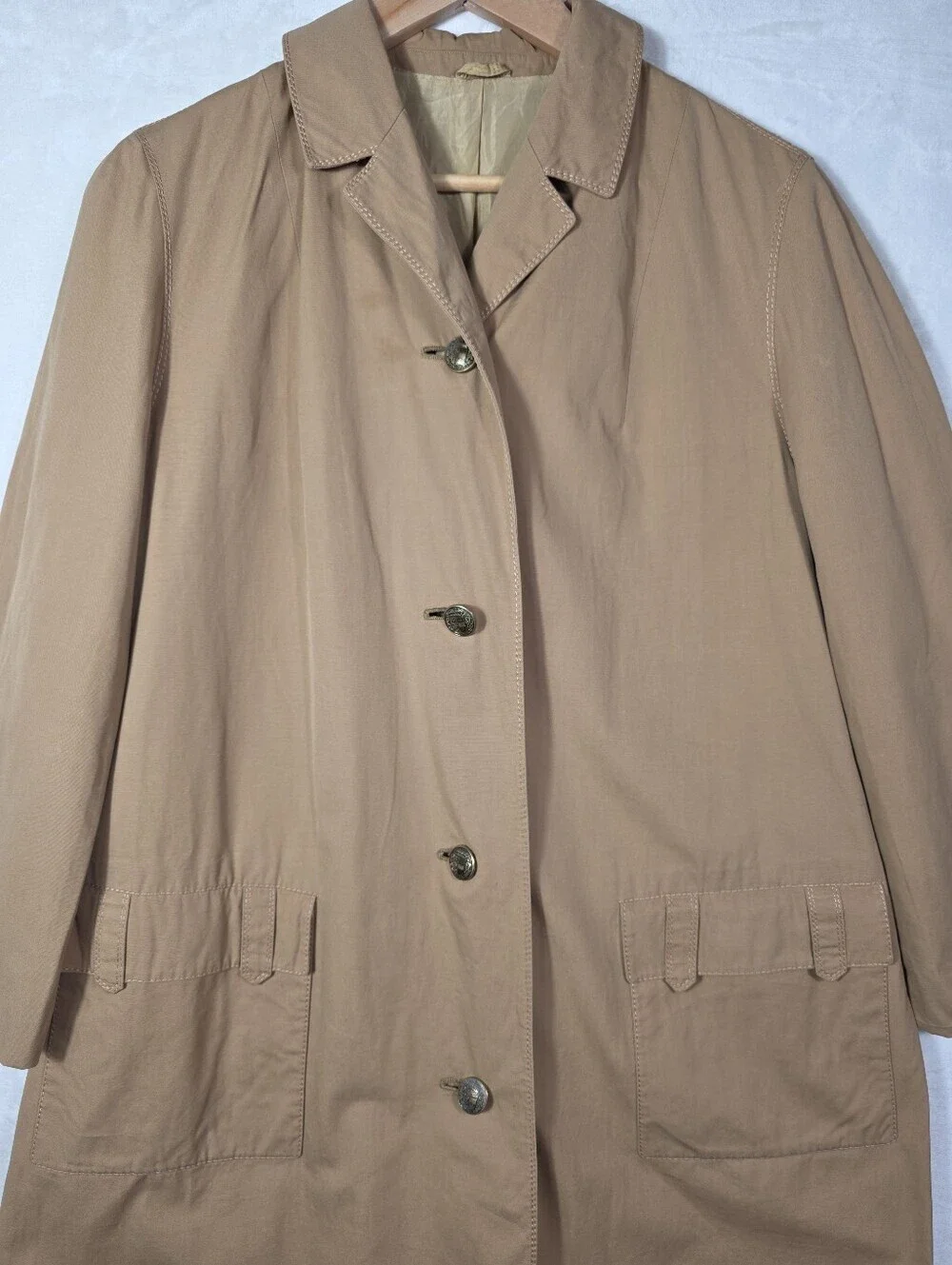 Women's Vintage Trench Coat XL Tan Military Gold Crest Buttons Oversized